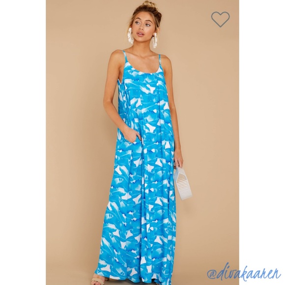 Bright Blue Palm Print Maxi Dress w/Pockets - Picture 2 of 8